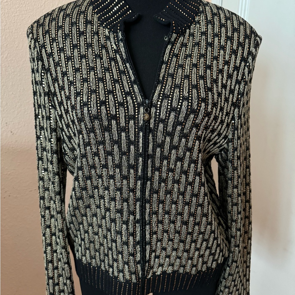 St. John zipper sweater Black and Gold Patterned
